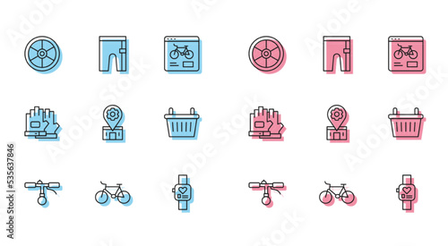 Set line Bicycle handlebar, wheel, Smart watch, repair service, basket, Gloves and Cycling shorts icon. Vector