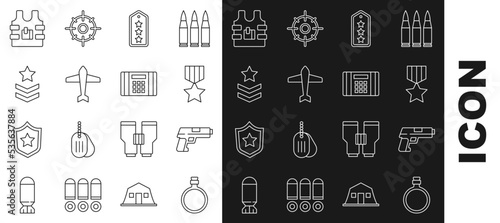 Set line Canteen water bottle, Pistol or gun, Military reward medal, rank, Jet fighter, Bulletproof vest and Dynamite bomb icon. Vector photo