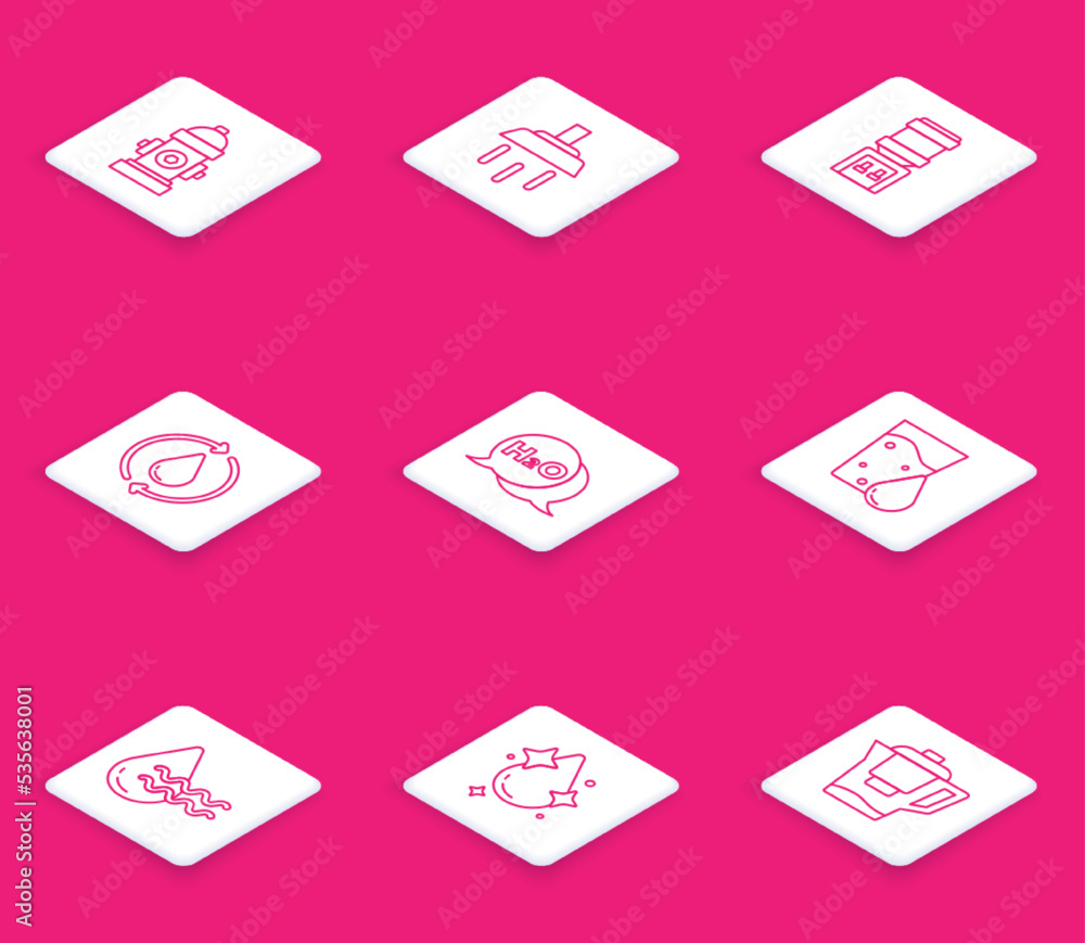 Set line Fire hydrant, Shower, Water cooler, Recycle clean aqua, Chemical formula for H2O, Glass with water, and drop icon. Vector Set line Fire hydrant, Shower, Water cooler, Recycle clean aqua, Chemical formula for H2O, Glass with water, and drop icon. Vector