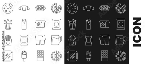 Set line Pizza, Wooden beer mug, Bag or packet potato chips, Hotdog sandwich, Doner kebab, Chicken leg in package box, Cookie biscuit and Bread toast icon. Vector