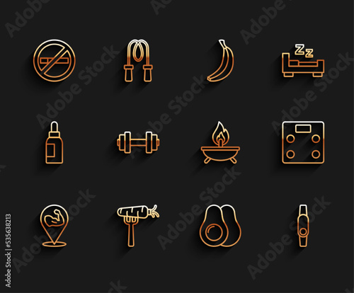 Set line Bodybuilder muscle, Carrot on fork, No Smoking, Avocado fruit, Smartwatch, Dumbbell, Bathroom scales and Aroma candle icon. Vector