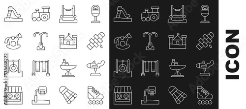 Set line Roller skate, Swing plane, Hopscotch, Bungee, Street light, Horse saddle swing, Kid slide and Sand castle icon. Vector