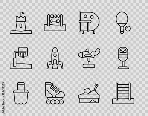 Set line Sand in bucket, Swedish wall, Kid playground slide pipe, Roller skate, tower, Rocket ship, Sandbox with sand and Trash can icon. Vector