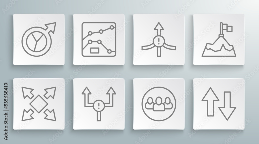 Set line Many ways directional arrow, Graph, chart, diagram, Arrow, Project team base, Mountains with flag and Financial growth icon. Vector Set line Many ways directional arrow, Graph, chart, diagram, Arrow, Project team base, Mountains with flag and Financial growth icon. Vector