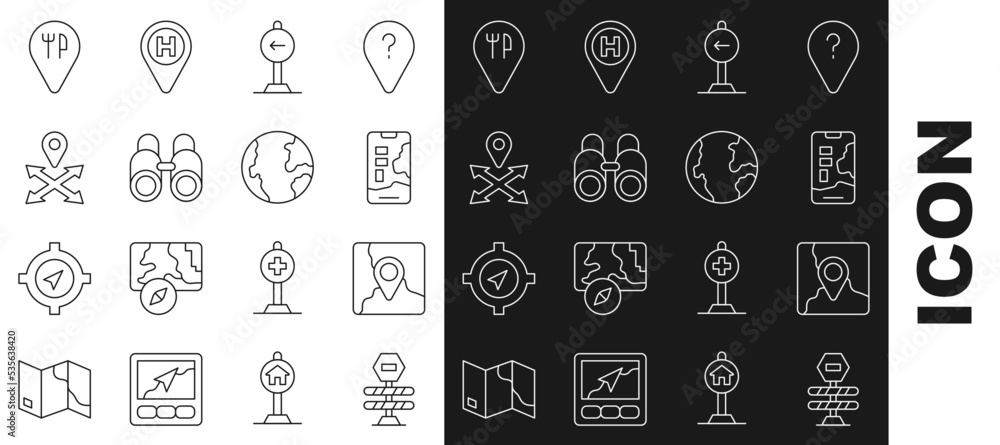 Set line Road barrier, Folded map with location marker, City navigation, Traffic sign turn left, Binoculars, Location, Cafe and restaurant and Earth globe icon. Vector Set line Road barrier, Folded map with location marker, City navigation, Traffic sign turn left, Binoculars, Location, Cafe and restaurant and Earth globe icon. Vector