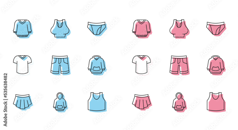 Set line Skirt, Hoodie, Sweater, Undershirt, Short or pants, T-shirt and icon. Vector Set line Skirt, Hoodie, Sweater, Undershirt, Short or pants, T-shirt and icon. Vector