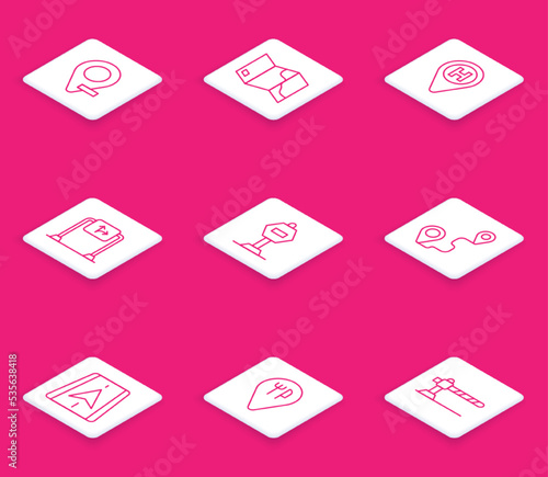 Set line Location, Folded map, Helicopter landing pad, Road traffic sign, Stop, Route location, City navigation and Cafe restaurant icon. Vector
