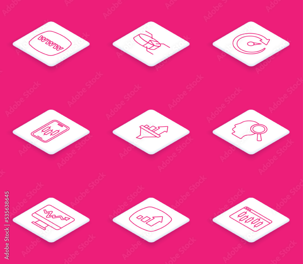 Set line Website template, Pie chart infographic, Digital speed meter, Mobile stock trading, Sales funnel with, Search people, Monitor and Financial growth icon. Vector Set line Website template, Pie chart infographic, Digital speed meter, Mobile stock trading, Sales funnel with, Search people, Monitor and Financial growth icon. Vector