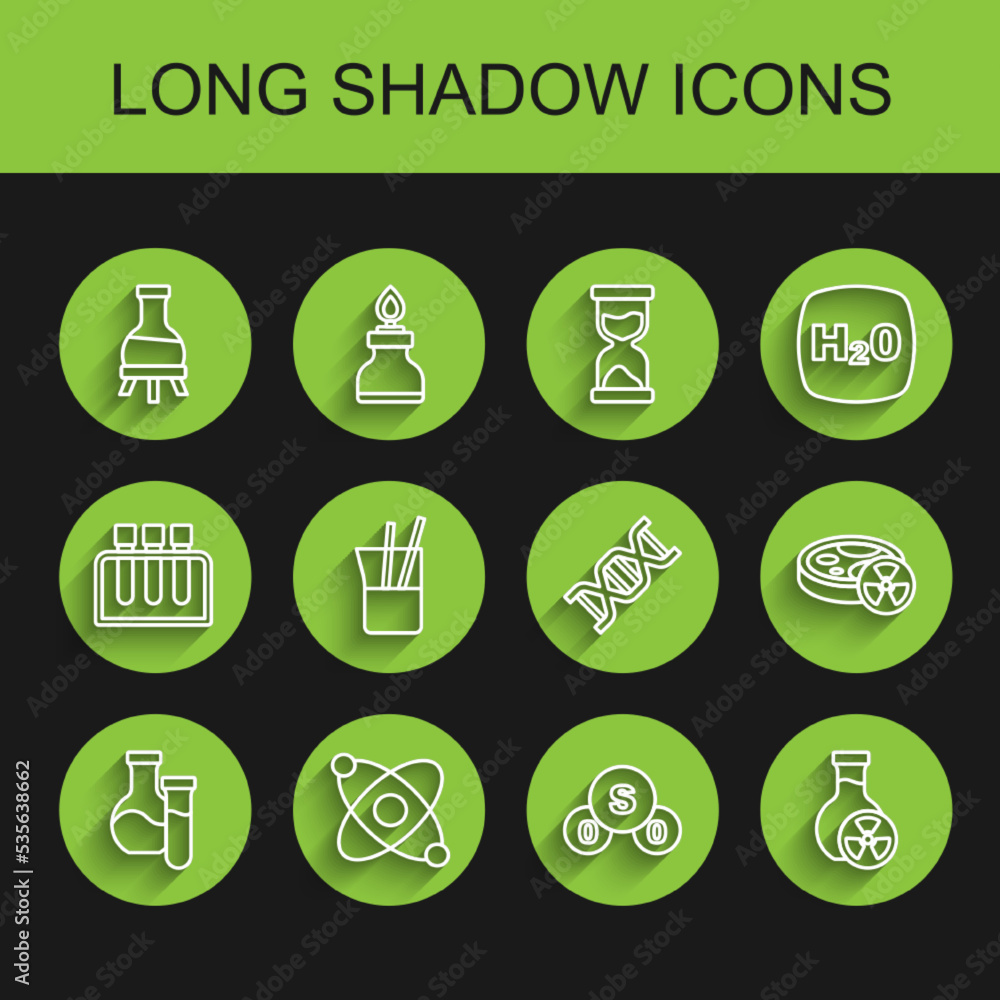Set line Test tube, Atom, Sulfur dioxide SO2, with toxic liquid, Laboratory glassware, and DNA symbol icon. Vector Set line Test tube, Atom, Sulfur dioxide SO2, with toxic liquid, Laboratory glassware, and DNA symbol icon. Vector