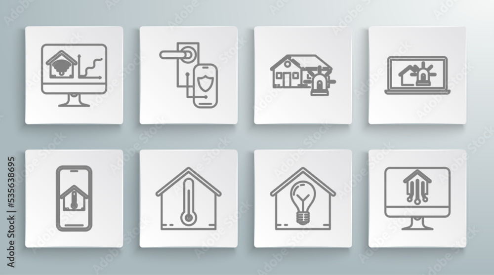 Set line Mobile phone with house temperature, Digital door lock wireless technology for lock, House, Smart and light bulb, Computer monitor smart home, alarm, Laptop and wi-fi icon. Vector Set line Mobile phone with house temperature, Digital door lock wireless technology for lock, House, Smart and light bulb, Computer monitor smart home, alarm, Laptop and wi-fi icon. Vector