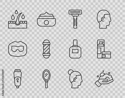 Set line Electric razor blade, Shaving foam on hand, Hand mirror, Oil for hair care treatment, Classic Barber shop pole, Hairstyle and gel icon. Vector