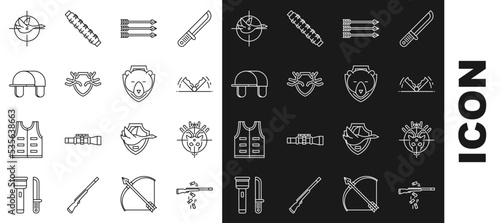 Set line Gun shooting, Hunt on deer with crosshairs, Trap hunting, Hipster arrows, Deer antlers shield, Hunter hat, duck and Bear head icon. Vector
