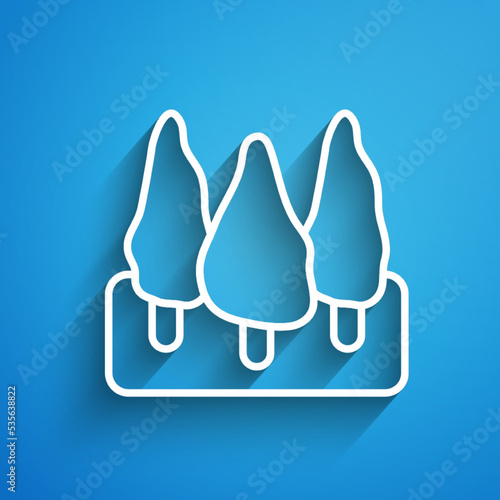 White line Trees icon isolated on blue background. Forest symbol. Long shadow. Vector