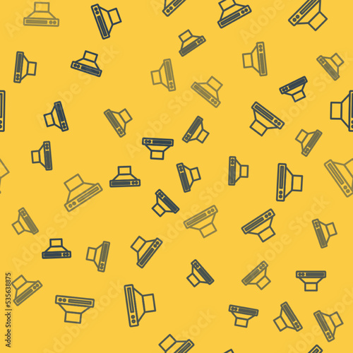 Blue line Kitchen extractor fan icon isolated seamless pattern on yellow background. Cooker hood. Kitchen exhaust. Household appliance. Vector