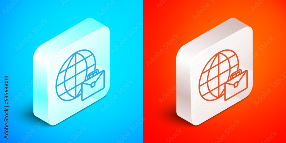 Isometric line Online working icon isolated on blue and red background. Freelancer man working on laptop at his house. Remote work. Distant job concept. Silver square button. Vector Isometric line Online working icon isolated on blue and red background. Freelancer man working on laptop at his house. Remote work. Distant job concept. Silver square button. Vector