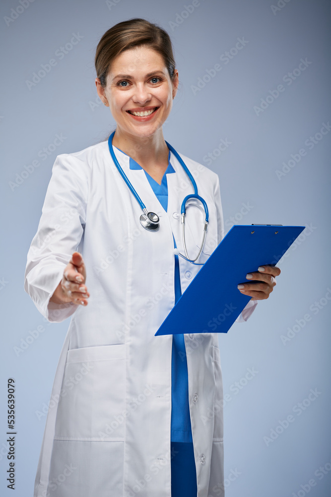 Smiling doctor woman with handshake isolated portrait. Smiling doctor woman with handshake isolated portrait.
