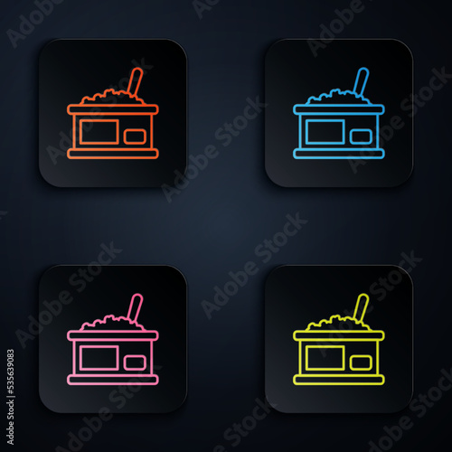 Color neon line Tin can with caviar icon isolated on black background. Set icons in square buttons. Vector