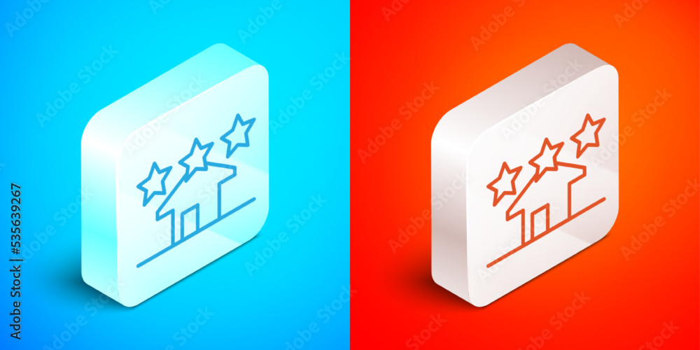 Isometric line House icon isolated on blue and red background. Real estate agency or cottage town elite class. Silver square button. Vector Isometric line House icon isolated on blue and red background. Real estate agency or cottage town elite class. Silver square button. Vector