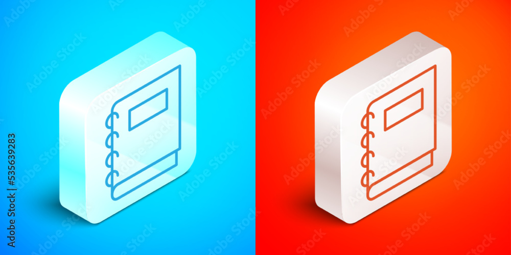 Isometric line Notebook icon isolated on blue and red background. Spiral notepad icon. School notebook. Writing pad. Diary for school. Silver square button. Vector Isometric line Notebook icon isolated on blue and red background. Spiral notepad icon. School notebook. Writing pad. Diary for school. Silver square button. Vector