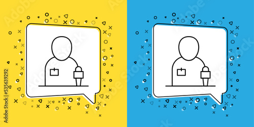 Set line Journalist news reporter with microphone icon isolated on yellow and blue background. Vector