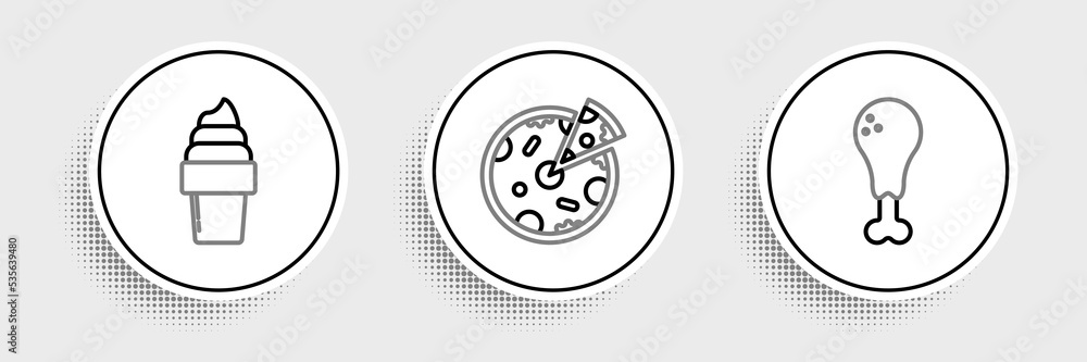 Set line Chicken leg, Ice cream in waffle cone and Pizza icon. Vector Set line Chicken leg, Ice cream in waffle cone and Pizza icon. Vector