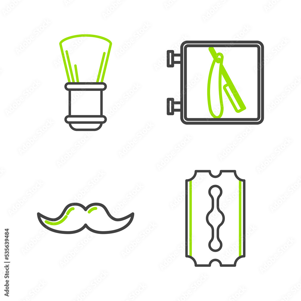 Set line Blade razor, Mustache, Barbershop with and Shaving brush icon. Vector Set line Blade razor, Mustache, Barbershop with and Shaving brush icon. Vector