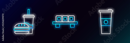 Set line Paper glass and water, with drinking straw burger and Sushi on cutting board icon. Glowing neon. Vector