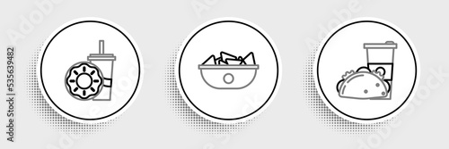 Set line Paper glass and taco with tortilla, drinking straw donut and Nachos plate icon. Vector