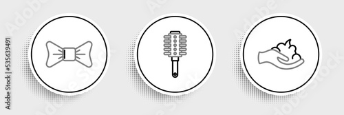 Set line Shaving gel foam on hand, Bow tie and Hairbrush icon. Vector