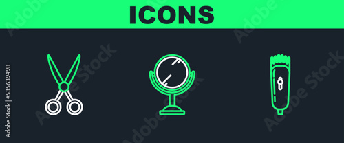 Set line Electrical hair clipper or shaver, Scissors hairdresser and Hand mirror icon. Vector