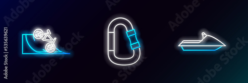 Set line Jet ski, Bicycle on street ramp and Carabiner icon. Glowing neon. Vector