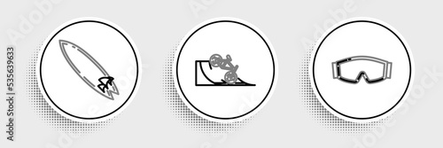 Set line Ski goggles, Surfboard and Bicycle on street ramp icon. Vector