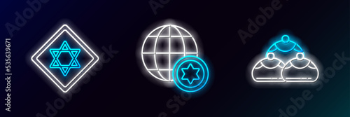 Set line Jewish sweet bakery, Star of David and World Globe and Israel icon. Glowing neon. Vector