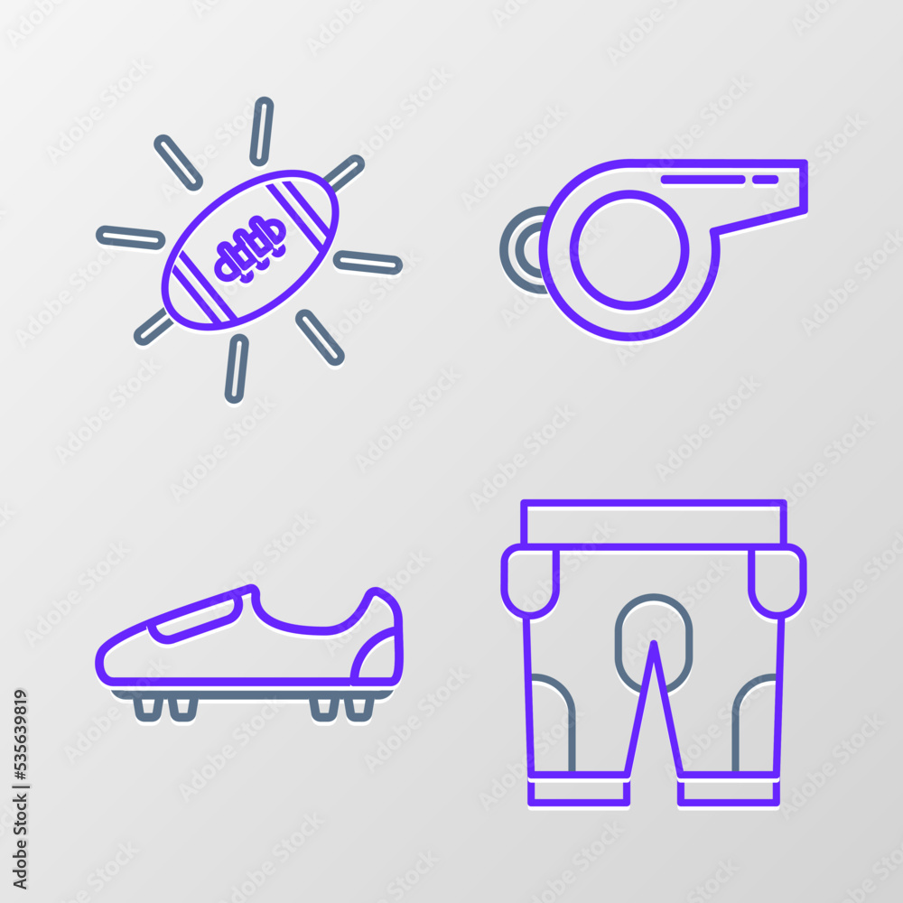 Set line American football shorts, Soccer shoes with spikes, Whistle and Football icon. Vector Set line American football shorts, Soccer shoes with spikes, Whistle and Football icon. Vector