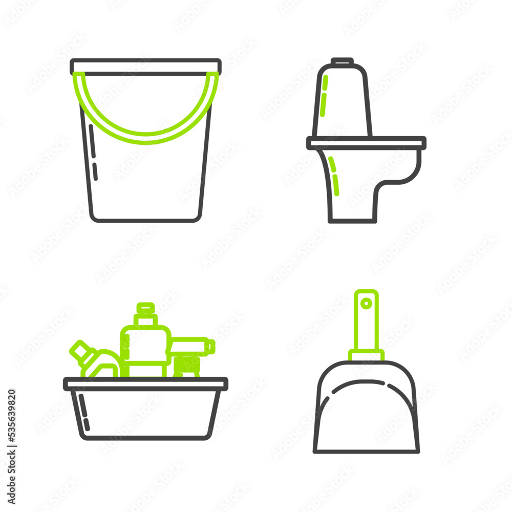 Set line Dustpan, Plastic bottles for liquid dishwashing liquid, Toilet bowl and Bucket icon. Vector Set line Dustpan, Plastic bottles for liquid dishwashing liquid, Toilet bowl and Bucket icon. Vector