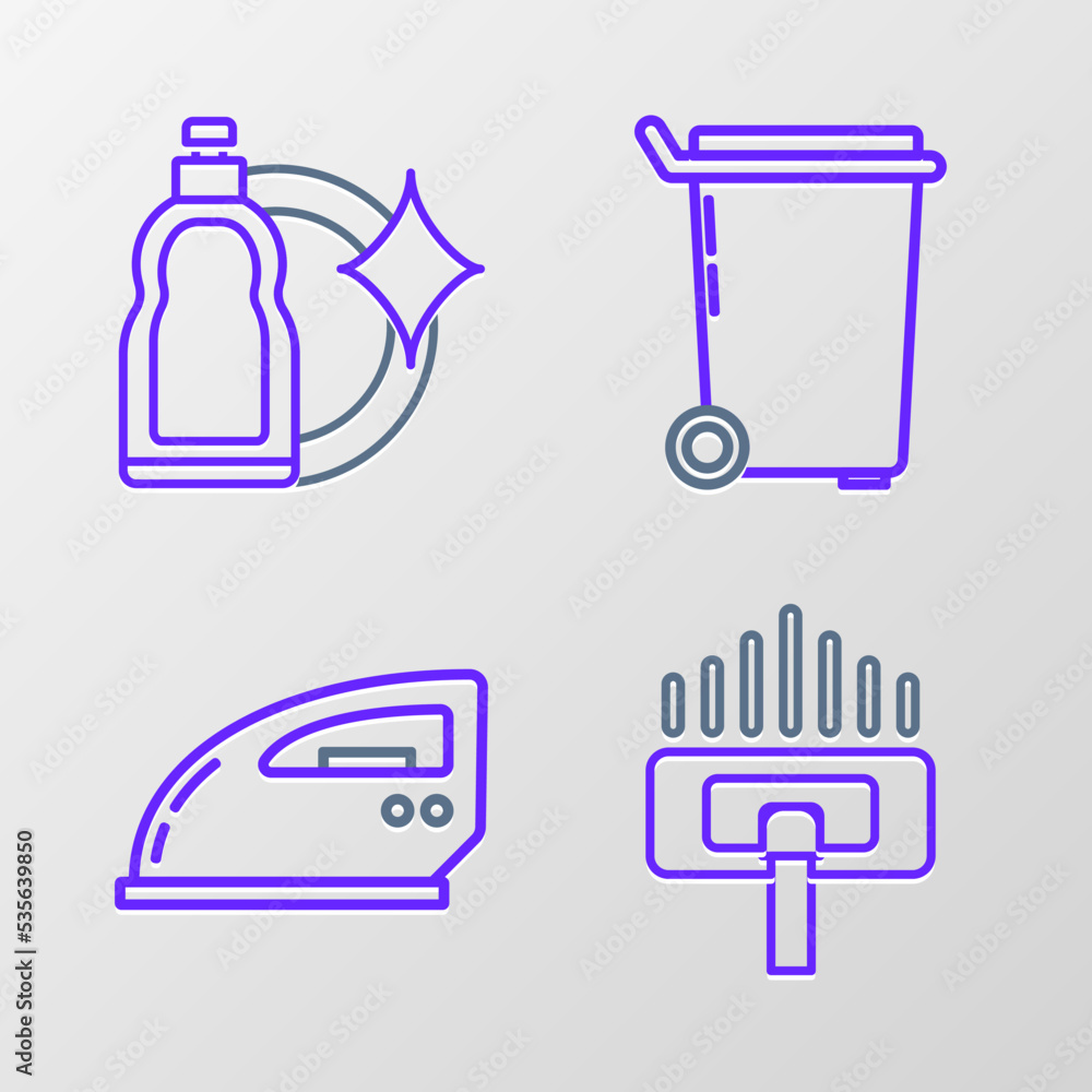 Set line Vacuum cleaner, Electric iron, Trash can and Plastic bottles for liquid dishwashing liquid icon. Vector Set line Vacuum cleaner, Electric iron, Trash can and Plastic bottles for liquid dishwashing liquid icon. Vector
