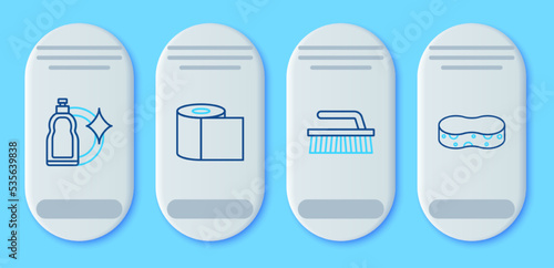 Set line Toilet paper roll, Brush for cleaning, Plastic bottles liquid dishwashing liquid and Sponge icon. Vector