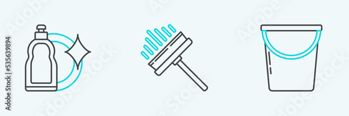 Set line Bucket, Plastic bottles for liquid dishwashing liquid and Squeegee, scraper, wiper icon. Vector