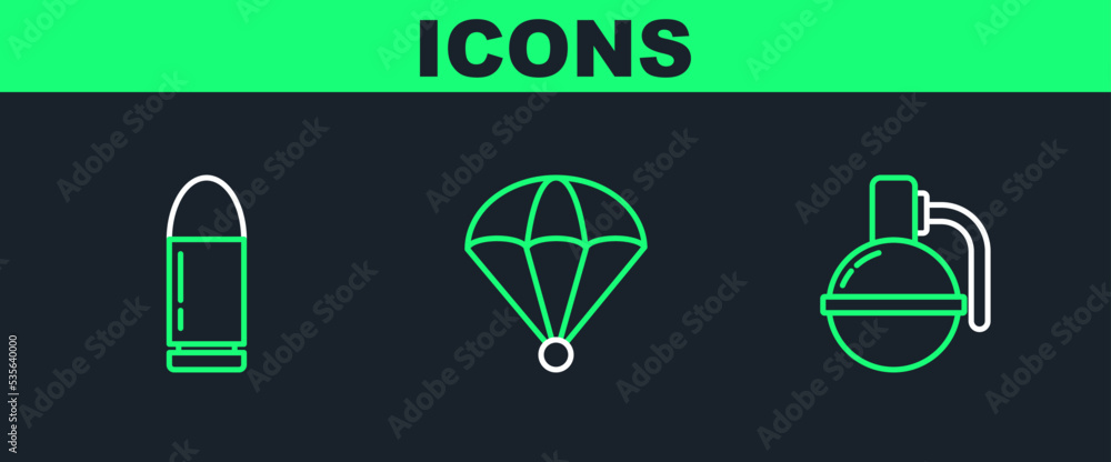 Set line Hand grenade, Bullet and Parachute icon. Vector Set line Hand grenade, Bullet and Parachute icon. Vector