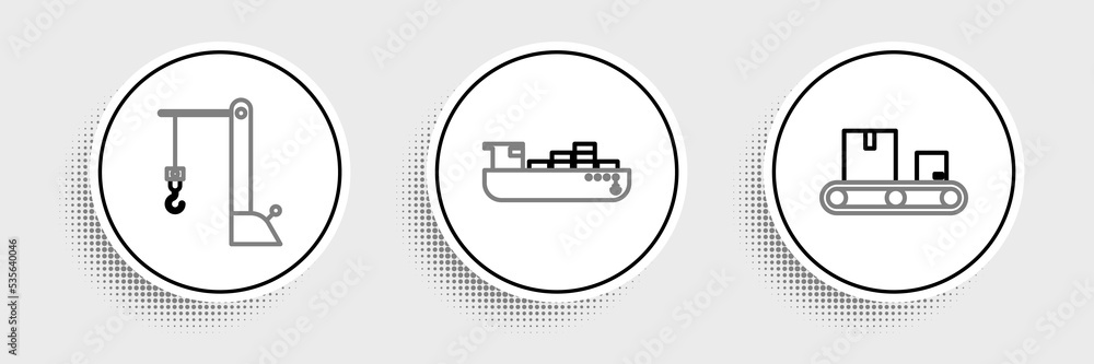 Set line Conveyor belt with cardboard box, Harbor port crane and Cargo ship boxes delivery service icon. Vector Set line Conveyor belt with cardboard box, Harbor port crane and Cargo ship boxes delivery service icon. Vector
