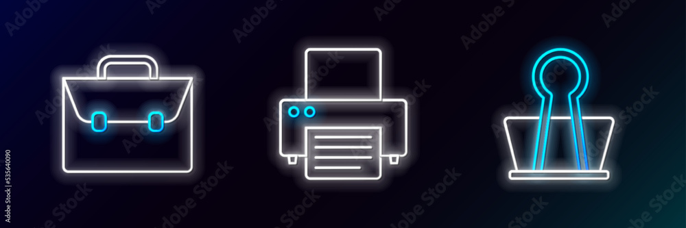 Set line Binder clip, Briefcase and Printer icon. Glowing neon. Vector Set line Binder clip, Briefcase and Printer icon. Glowing neon. Vector