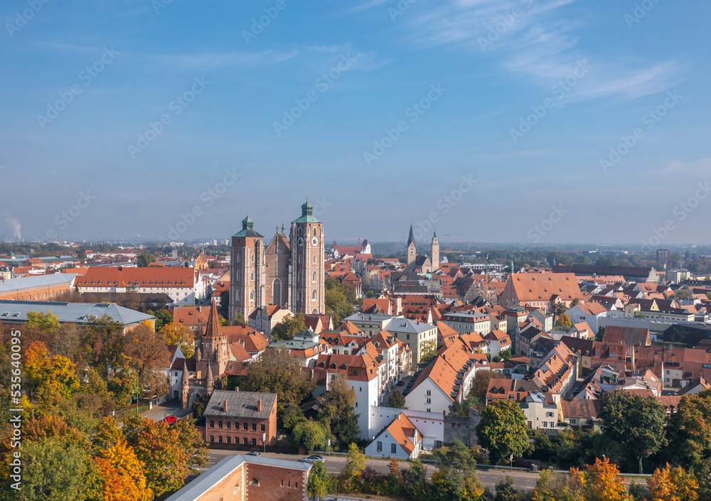 Aerial panorama: Autumn skyline of the Old Town of Ingolstadt, Bayern, Germany
