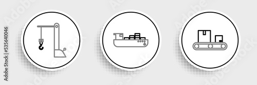 Set line Conveyor belt with cardboard box, Harbor port crane and Cargo ship boxes delivery service icon. Vector