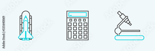 Set line Microscope, Space shuttle and rockets and Calculator icon. Vector