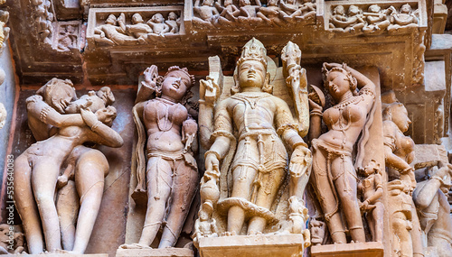Kandariya Mahadeva Temple and Devi Jagdambi Temple, Western Temples of Khajuraho. Unesco World Heritage Site. Popular amongst tourists all over the world. Khajuraho, India. photo