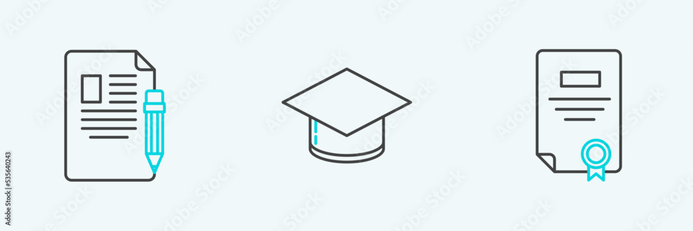 Set line Certificate template, Exam sheet and pencil with eraser and Graduation cap icon. Vector Set line Certificate template, Exam sheet and pencil with eraser and Graduation cap icon. Vector