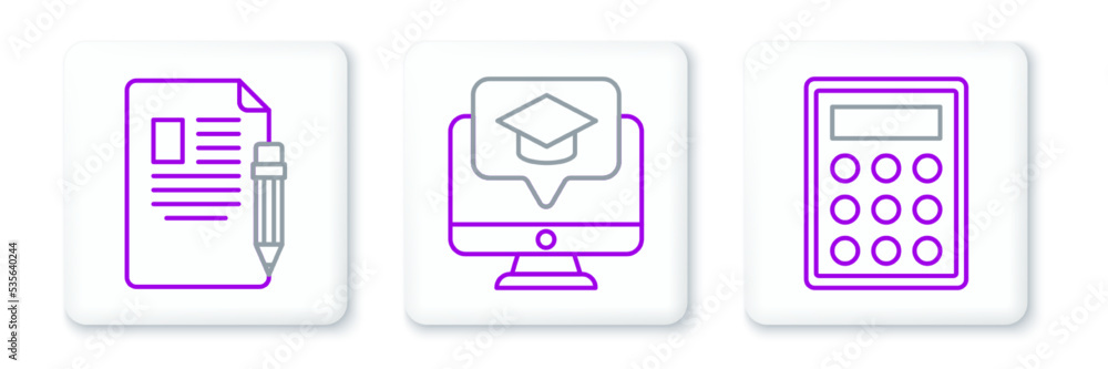 Set line Calculator, Exam sheet and pencil with eraser and Monitor graduation cap icon. Vector Set line Calculator, Exam sheet and pencil with eraser and Monitor graduation cap icon. Vector