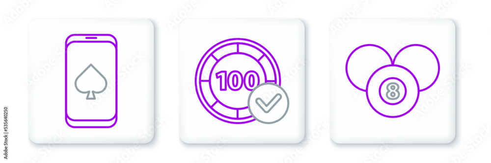Set line Billiard pool snooker 8 ball, Online poker table game and Casino chips icon. Vector Set line Billiard pool snooker 8 ball, Online poker table game and Casino chips icon. Vector