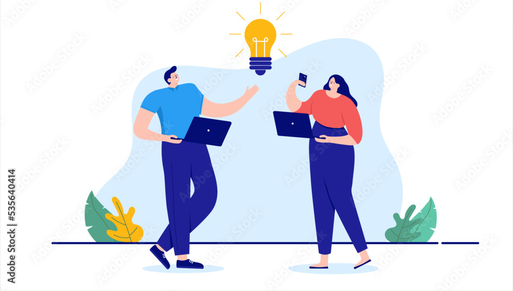 Great idea - Two business people man and woman working on ideas smiling and being happy with light bulb. Flat design cartoon illustration with white background Great idea - Two business people man and woman working on ideas smiling and being happy with light bulb. Flat design cartoon illustration with white background