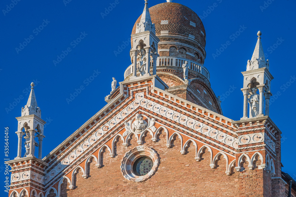 Facade detail of the the Madonna dell'Orto Church in Venice, founded in 1350 by the humiliated order from Lombardy and dedicated to saint Christopher, the patron saint of the gondoliers. 2019